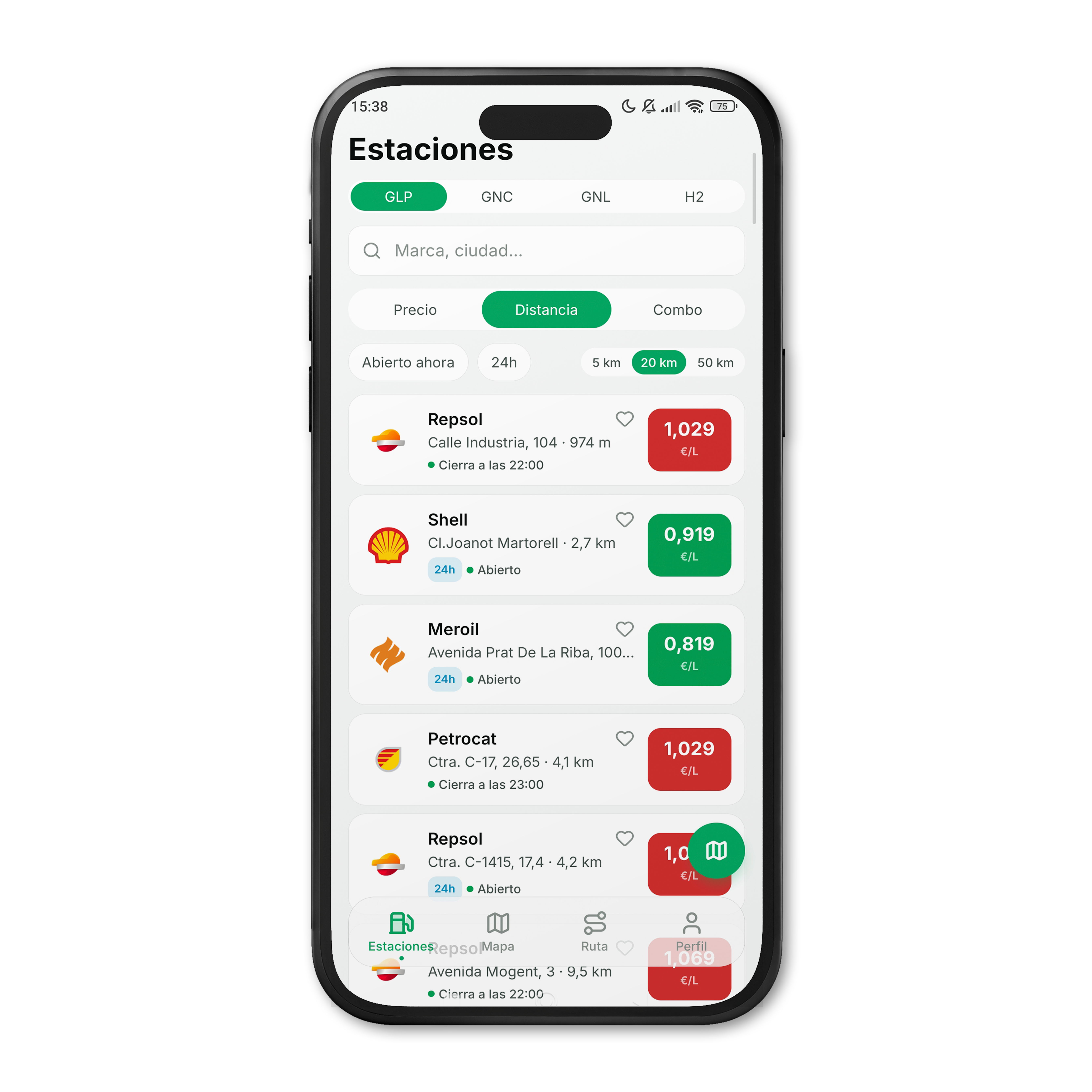 Lista de gasineras ordenadas por distancia en 4Gas