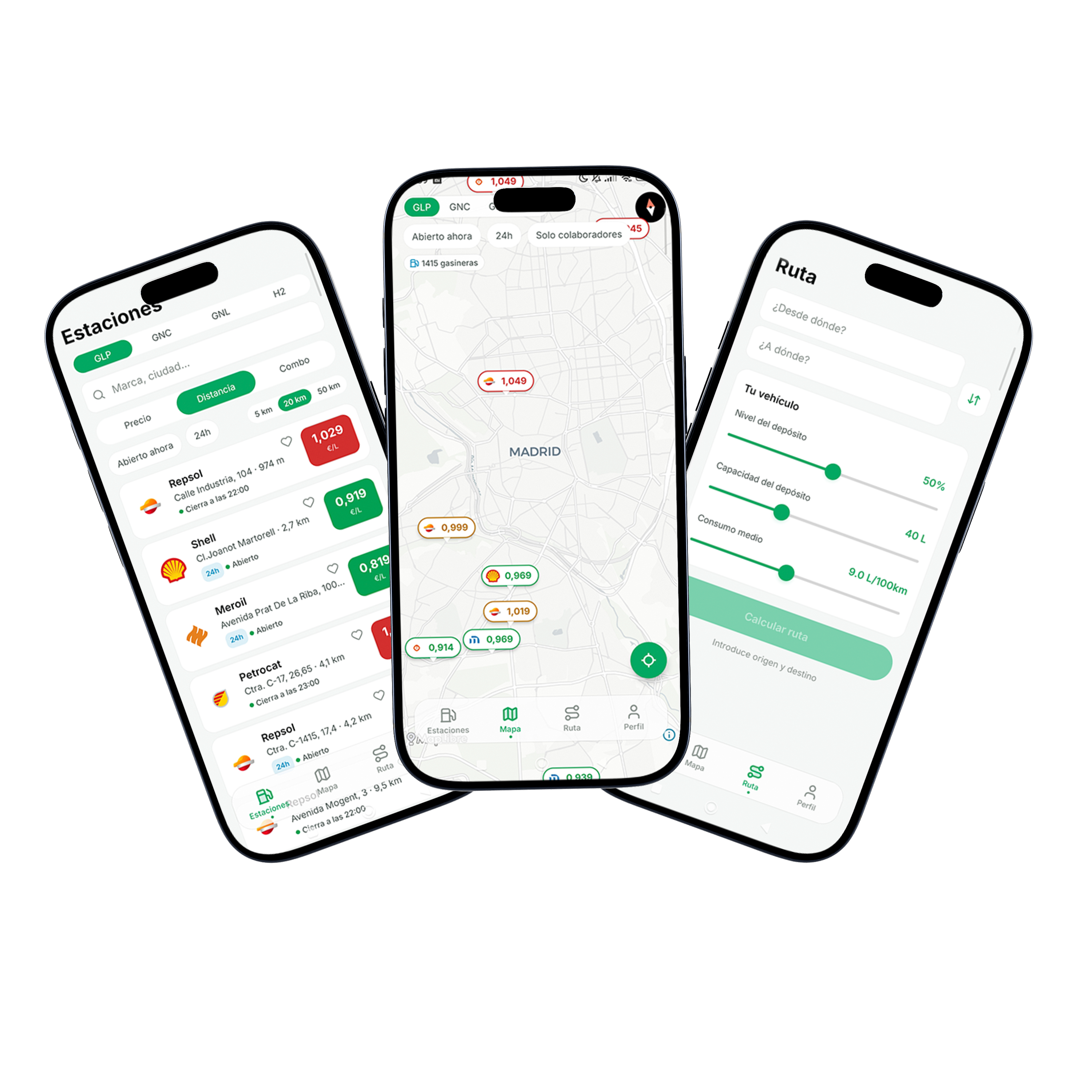 La app 4Gas mostrando la lista de gasineras, el mapa y la planificación de ruta con precios de gas